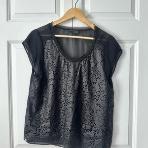ZARA Black Sheer Chiffon Top Laser Cut Lace Overlay Short Sleeve Blouse Size L